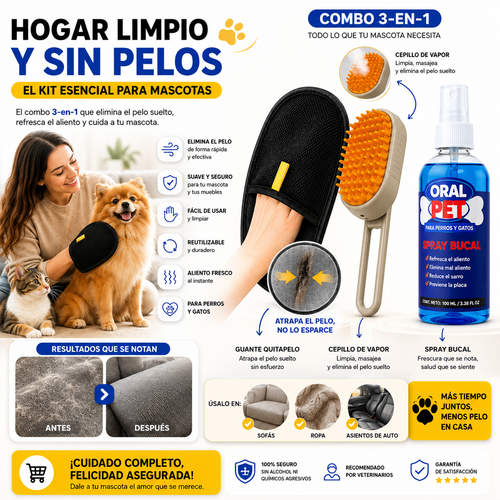 Kit Completo de Aseo 3 en 1 — Cepillo Vapor + Guante Quitapelos + Spray Bucal