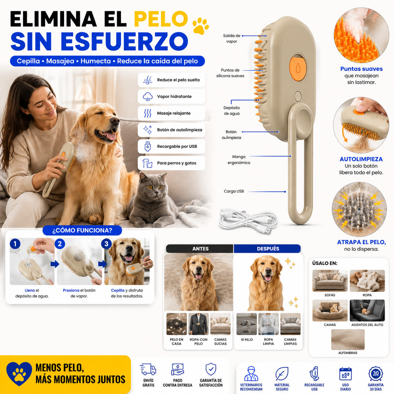 Cepillo Vaporizador 3 en 1 — Limpia, Hidrata y Cepilla Sin Estrés para tu Mascota